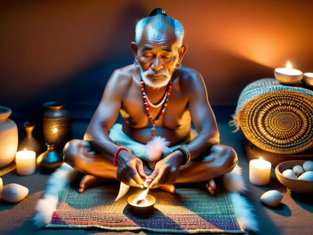 Un anciano chamán prepara con cuidado su altar para una ceremonia de sanación