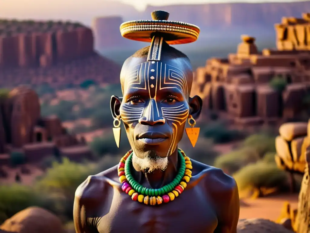 Un anciano Dogon con máscara de madera, en atuendo ceremonial, frente al atardecer sobre el Escarpe de Bandiagara