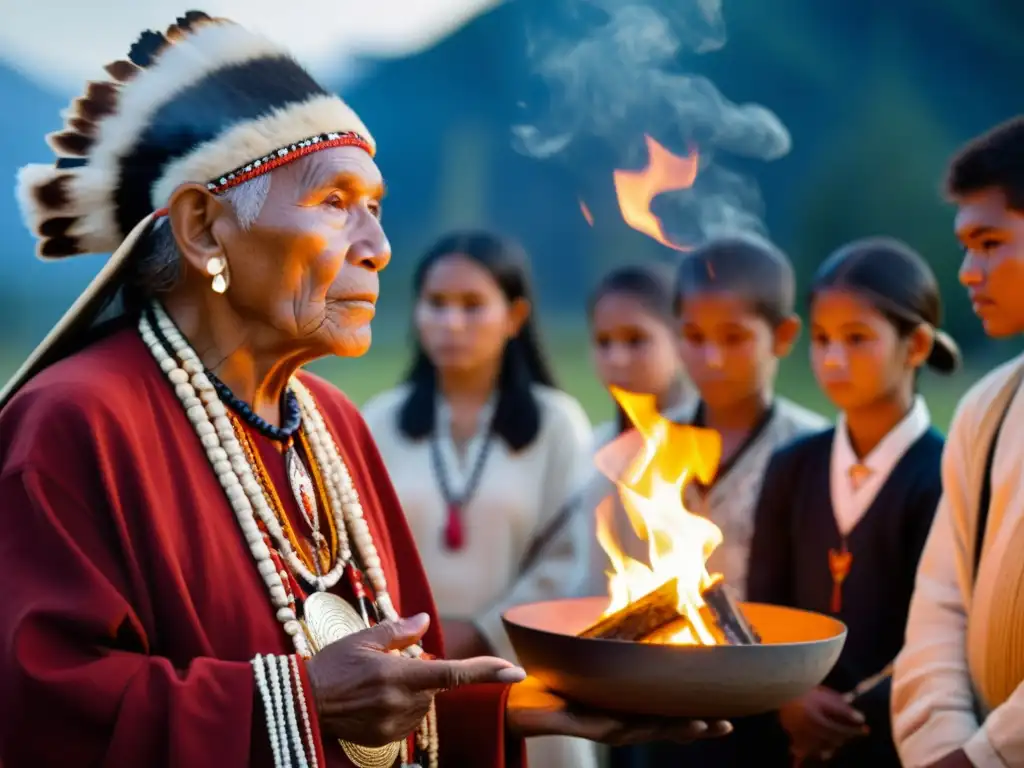 Un anciano chamán guía a jóvenes estudiantes en un ritual sagrado alrededor del fuego, transmitiendo sabiduría ancestral y conexión espiritual