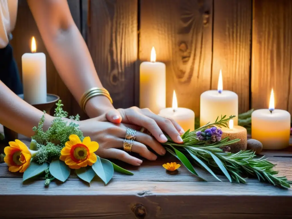 Un anciano organiza hierbas y flores en un altar rústico con velas, evocando rituales de prosperidad tradicionales