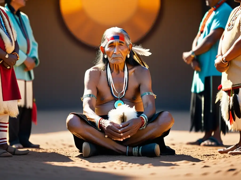 Un anciano hombre nativo americano participa en un ritual de jubilación rodeado de su tribu en un paisaje natural