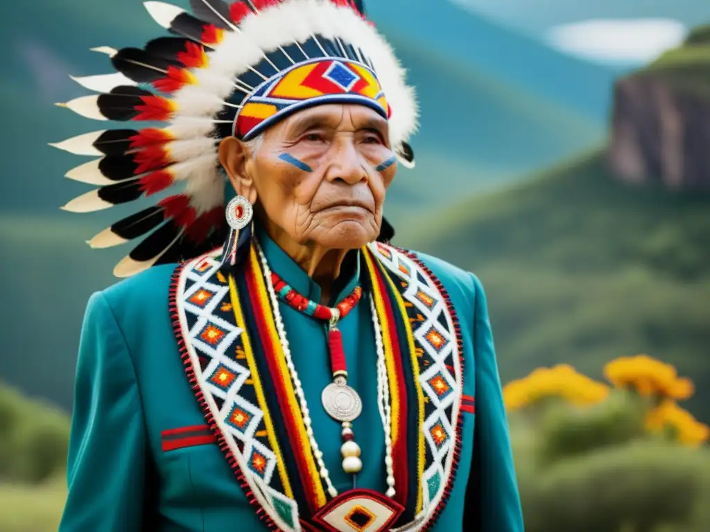 Un anciano indígena adornado con atuendos ceremoniales, reflejando significados ocultos en su vestimenta