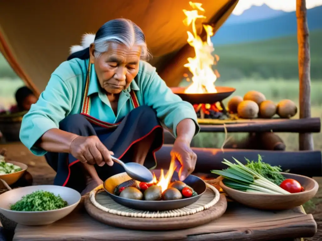 Un anciano indígena prepara un ancestral ritual culinario sobre fuego abierto, rodeado de ingredientes frescos y la atención de su comunidad