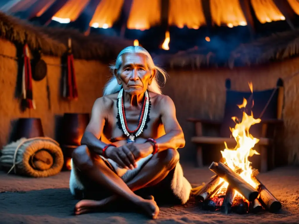 Un anciano indígena ataviado con vestimenta ceremonial tradicional, realiza un ritual sagrado frente a una fogata en una choza ceremonial