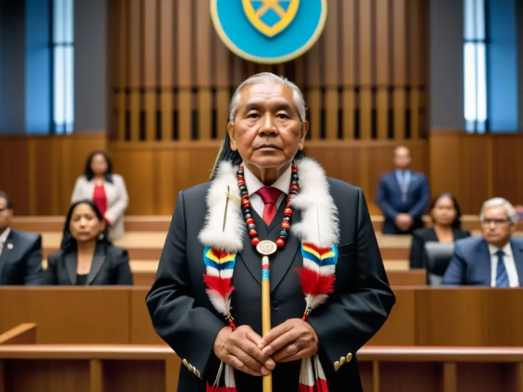 Un anciano indígena en atuendo ceremonial tradicional frente a abogados y legisladores, sosteniendo un bastón sagrado