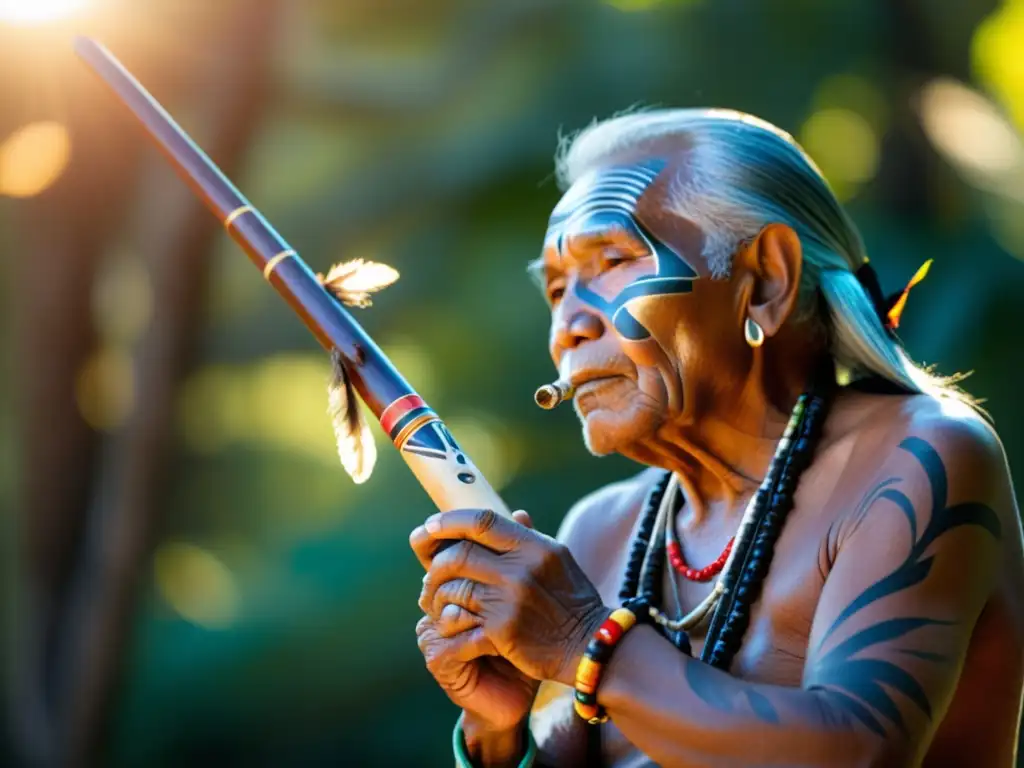 Un anciano indígena sostiene una pipa de la paz decorada, rodeado de naturaleza y comunidad en un ritual espiritual