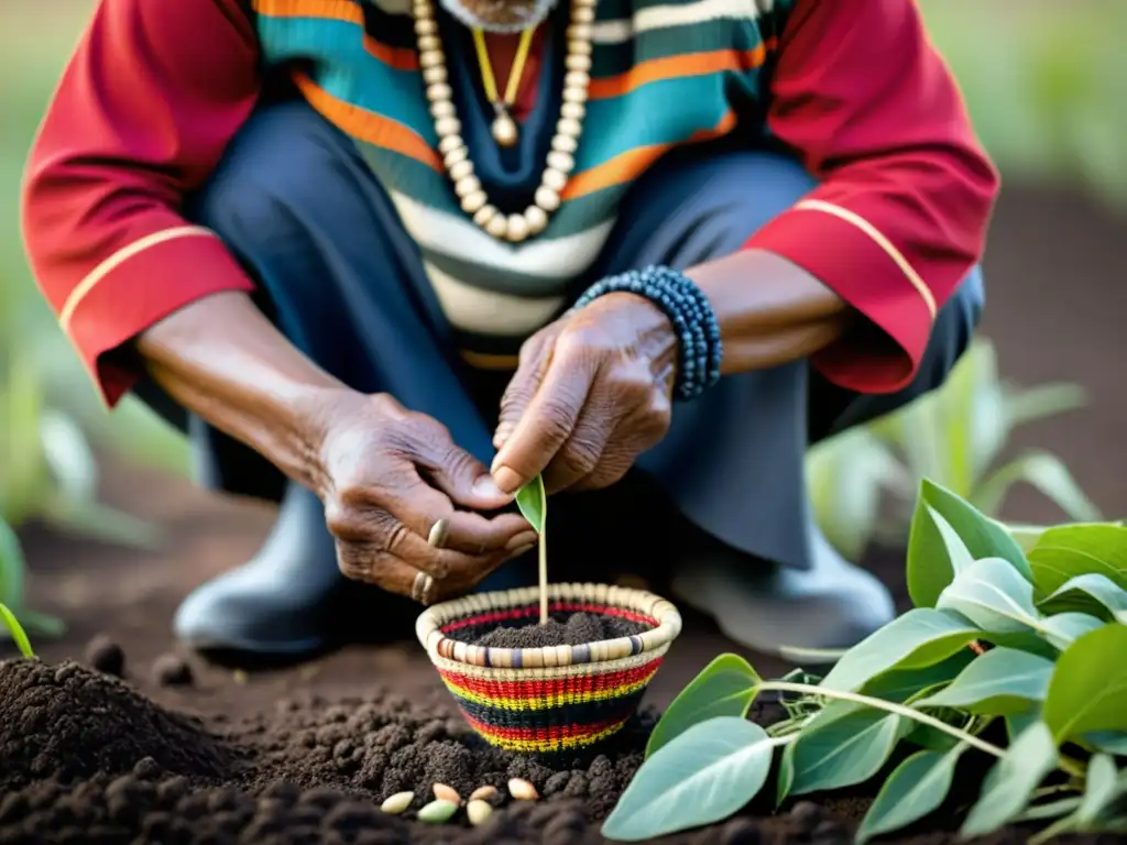 Un anciano indígena realiza un ritual de plantación en un campo, mostrando los rituales de plantación en culturas con profundo respeto y tradición