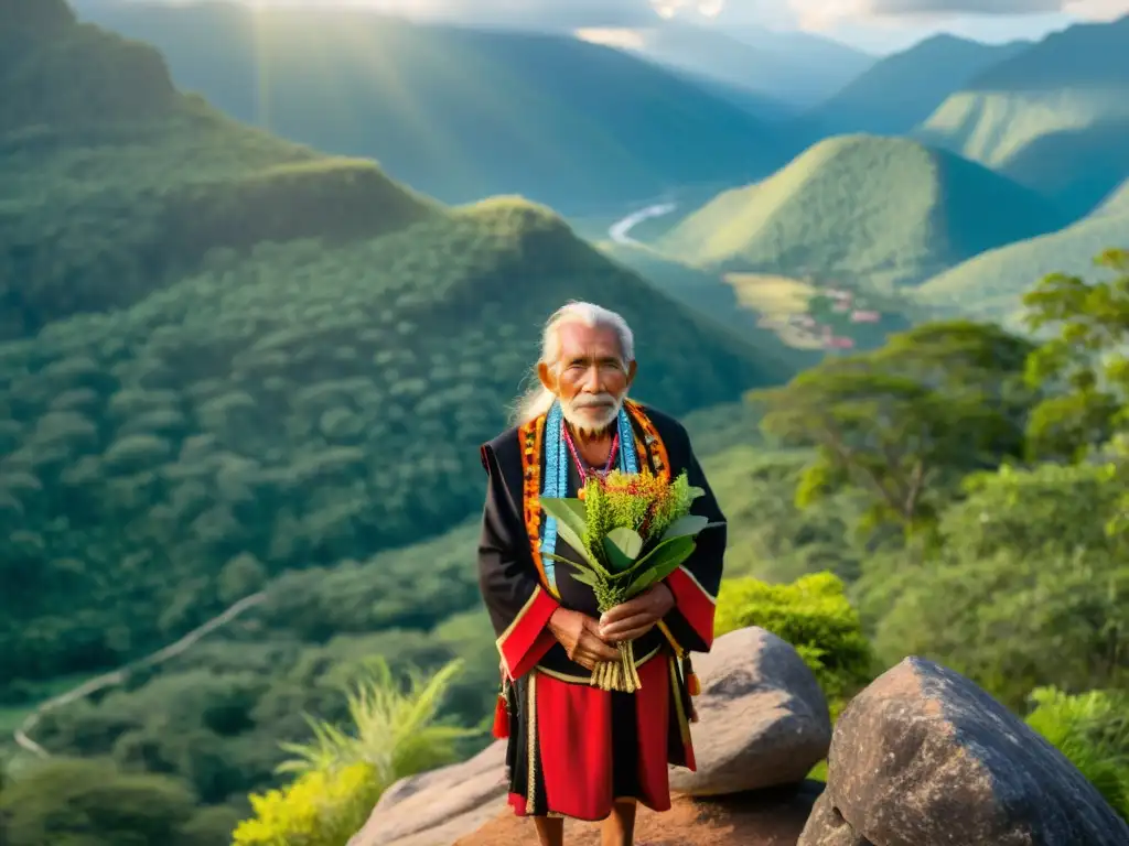 Un anciano indígena realiza un ritual en la cima de la montaña, con vestimenta tradicional y un ramo de hierbas sagradas, en un paisaje exuberante