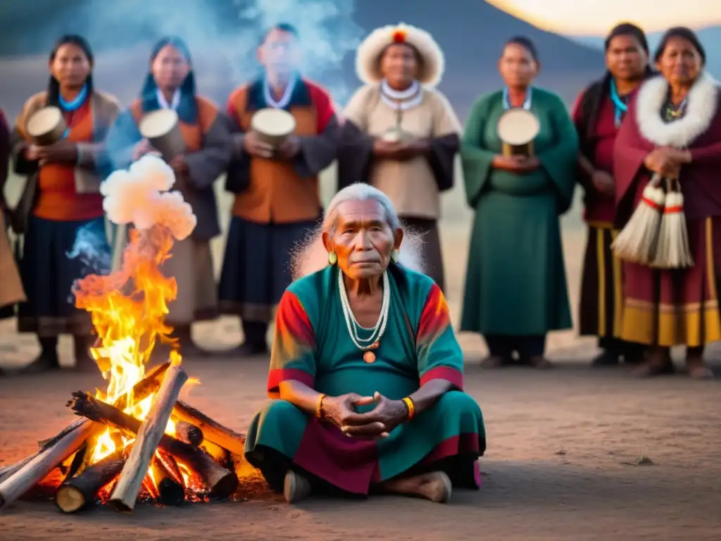 Un anciano chamán indígena dirige un ritual alrededor del fuego en el bosque