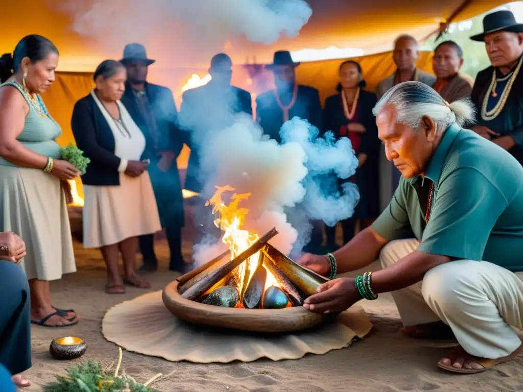 Un anciano indígena realiza un ritual de purificación con humo en un círculo de personas alrededor del fuego