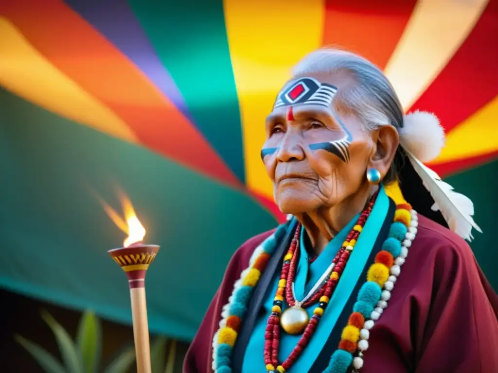 Un anciano indígena canta durante un ritual sagrado, reflejando la rica herencia cultural