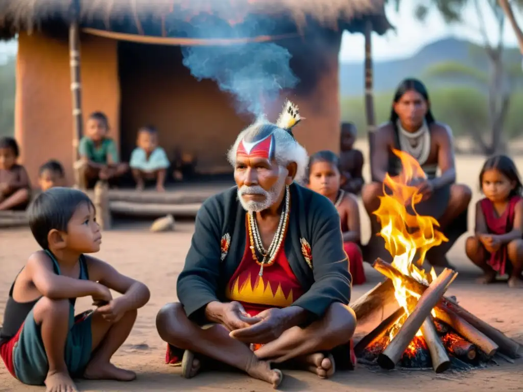 Un anciano indígena realiza un ritual sagrado frente al fuego, rodeado de niños