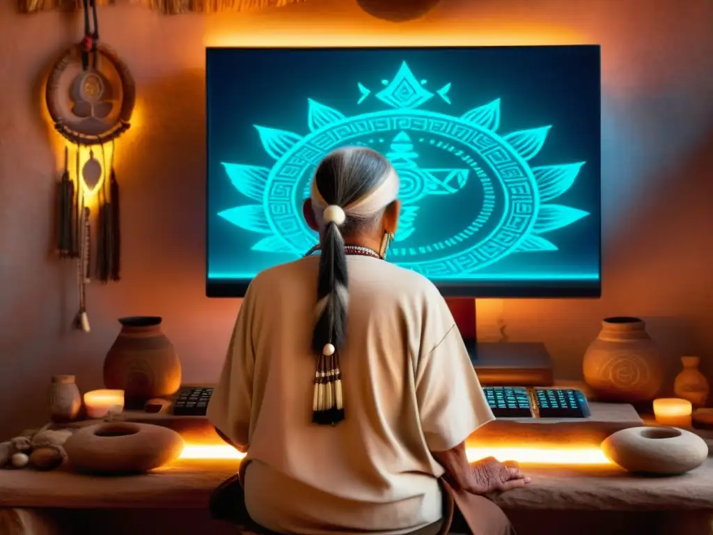 El anciano chamán interactúa con la documentación en línea de rituales, uniendo lo antiguo y lo nuevo en una escena impactante y simbólica
