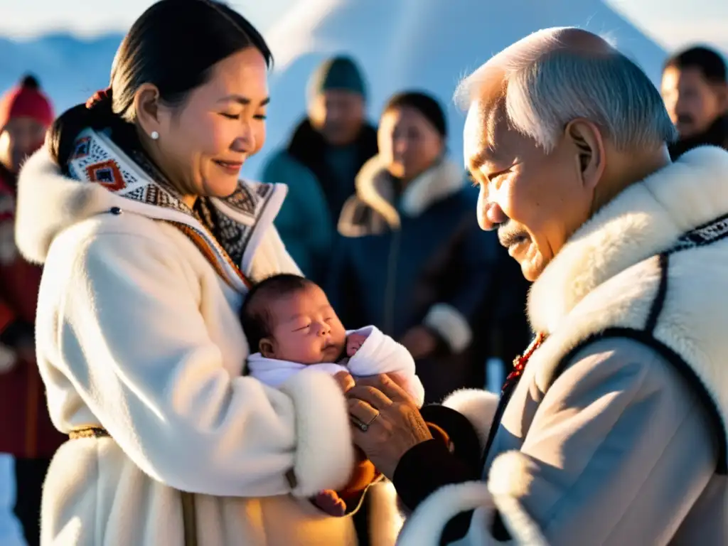 Un anciano inuit bendice a un recién nacido en un ritual tradicional rodeado de su comunidad, en una escena llena de amor y tradición esquimal