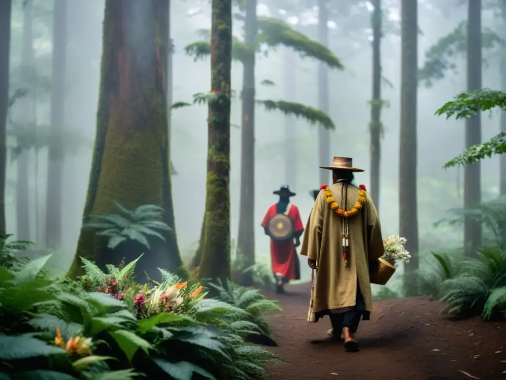 Un anciano indígena guía a jóvenes iniciados en un denso bosque hacia un sitio ceremonial