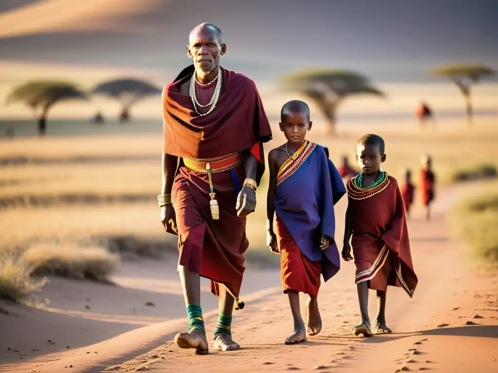 Un anciano Masái guía a jóvenes en un rito de pasaje en la sabana africana al atardecer