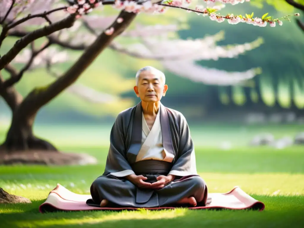 Un anciano maestro Zen medita rodeado de un jardín tranquilo con cerezos en flor