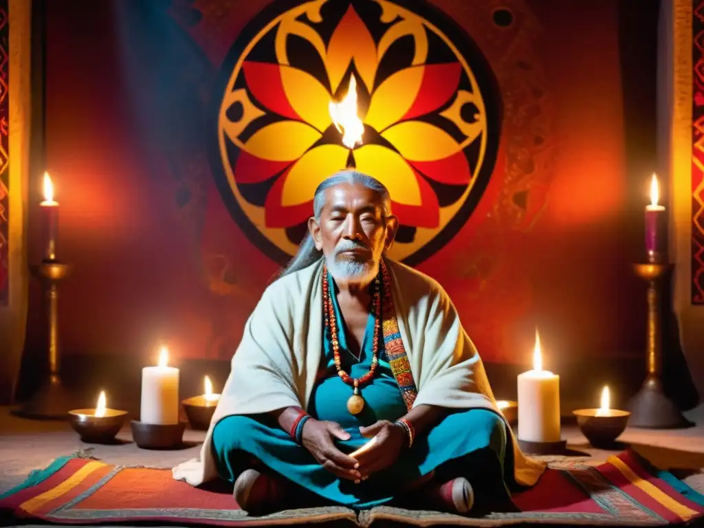 Un anciano chamán canta mantras en un espacio ceremonial iluminado por velas, rodeado de coloridos tapices