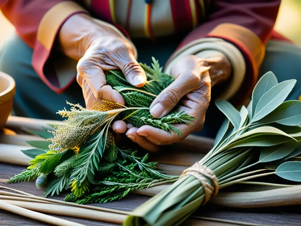 Un anciano nativo americano teje con cuidado hierbas sagradas para rituales de limpieza, evocando espiritualidad y tradición