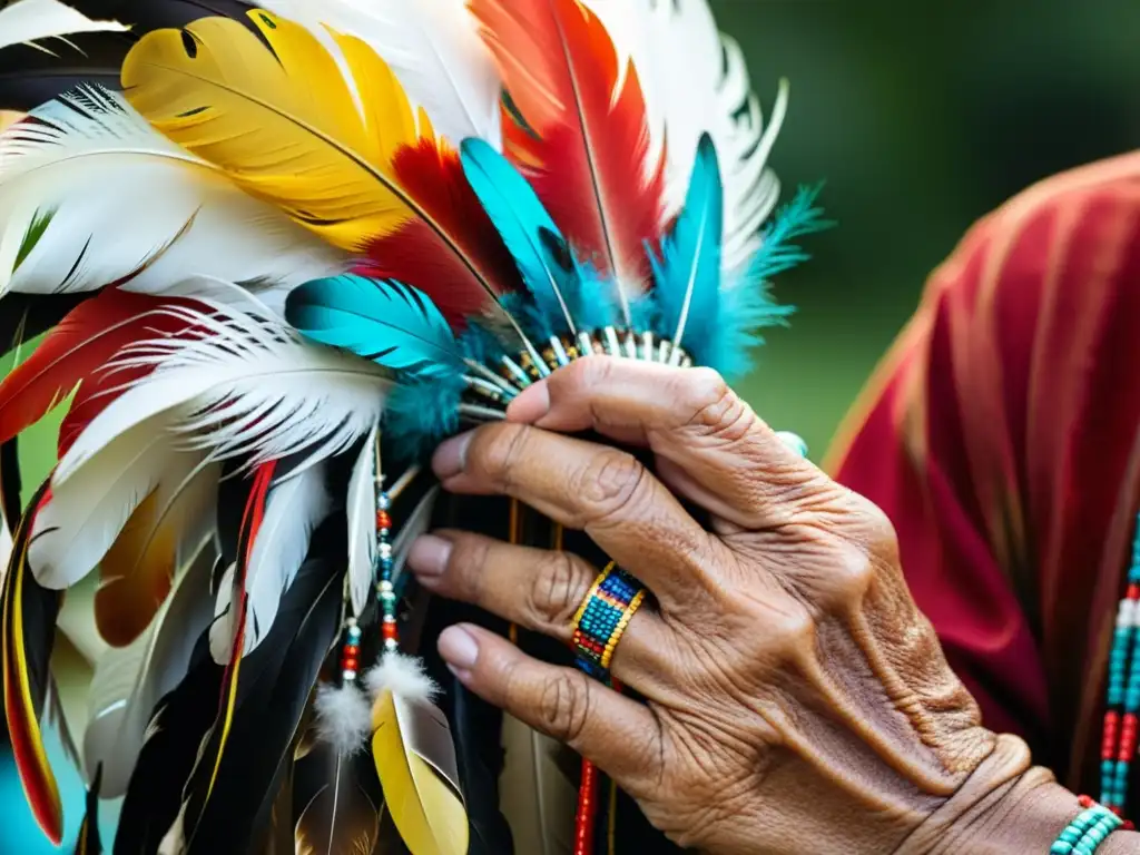 Un anciano nativo americano coloca con reverencia plumas de colores en un tocado tradicional, en un entorno natural sereno