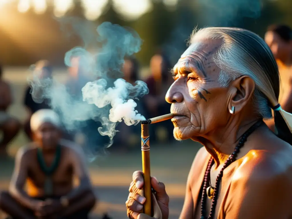 Un anciano nativo americano lidera un ritual de la pipa de la paz al atardecer, creando un ambiente espiritual y comunitario