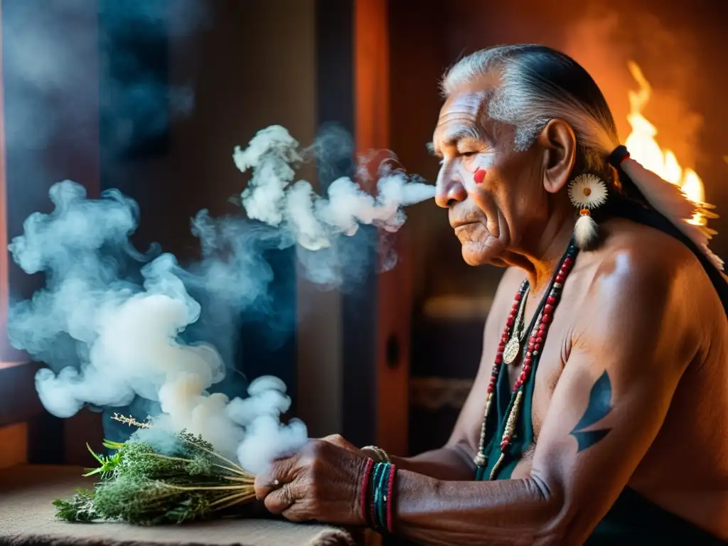 Un anciano nativo americano realiza un ritual de limpieza con hierbas sagradas, creando una escena evocadora llena de sabiduría ancestral