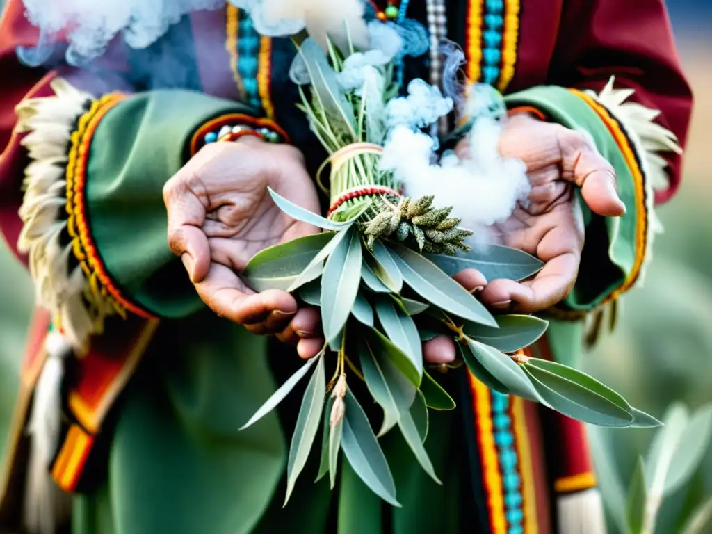 Un anciano nativo americano realiza un ritual nativo americano de bendición, sosteniendo salvia y pasto dulce entre sus manos sabias