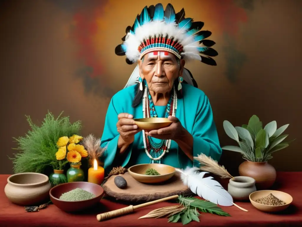 Un anciano nativo americano realiza un ritual de sanación ancestral rodeado de hierbas y plumas en un ambiente sereno y evocador