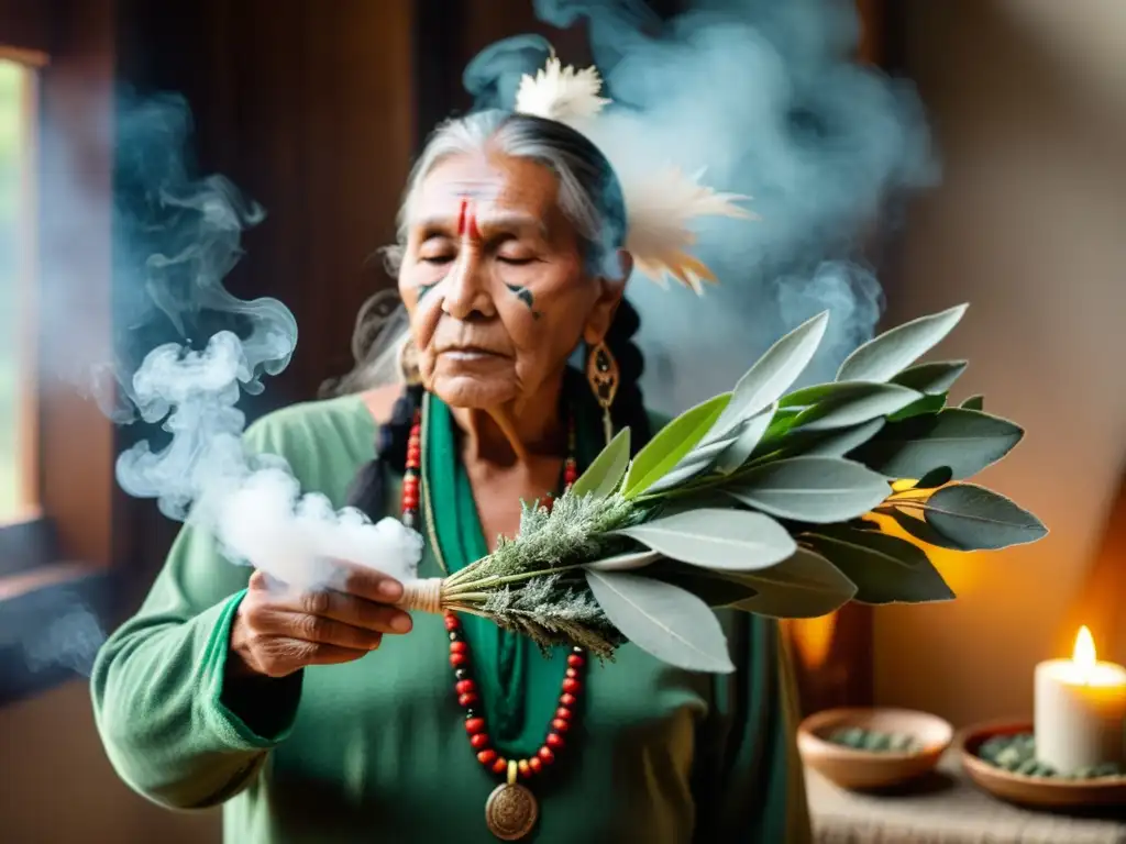 Un anciano nativo americano realiza un ritual de limpieza espiritual con salvia en un hogar sereno y bien iluminado, evocando sabiduría ancestral