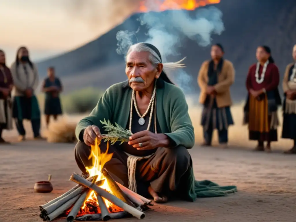 Un anciano nativo americano realiza un ritual de limpieza con humo de salvia, rodeado de gente en un hermoso atardecer