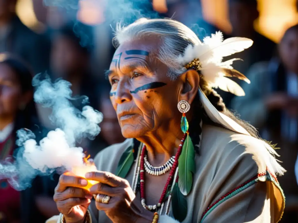 Un anciano nativo americano realiza un ritual sagrado con una pluma grande, rodeado de gente en un entorno natural impresionante