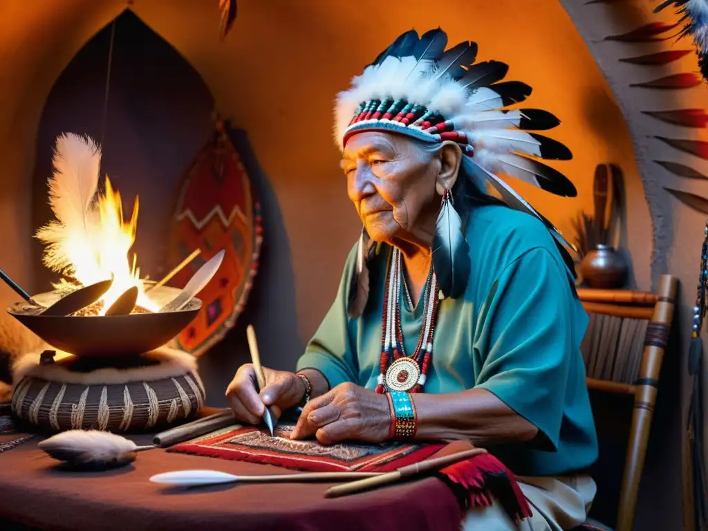 Un anciano nativo cuidadosamente confecciona un tocado ceremonial con plumas vibrantes y patrones intrincados en una cabaña tradicional