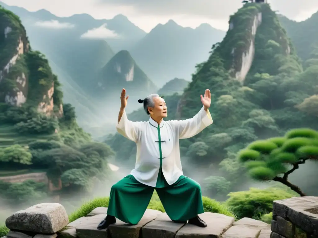 Un anciano practicante de Qigong en un entorno montañoso sereno y cubierto de niebla, rodeado de exuberante vegetación y ruinas de templos antiguos