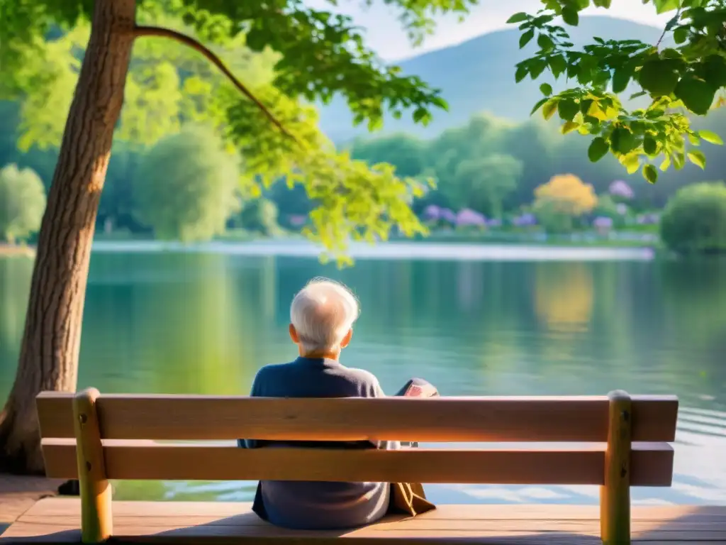 Un anciano reflexivo sostiene un guion de ritos de jubilación personalizados, rodeado de naturaleza serena y un lago tranquilo