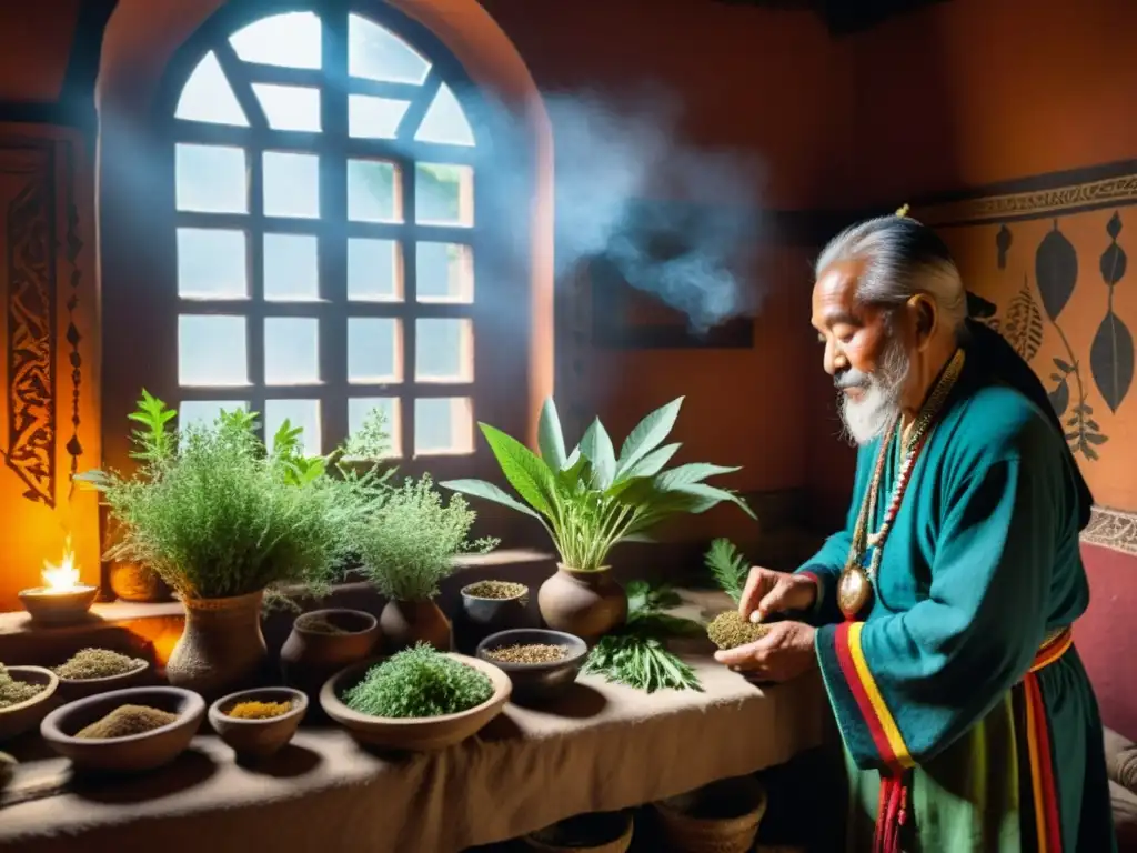 El anciano chamán realiza rituales con plantas medicinales en una habitación ahumada, emanando sabiduría ancestral y misticismo