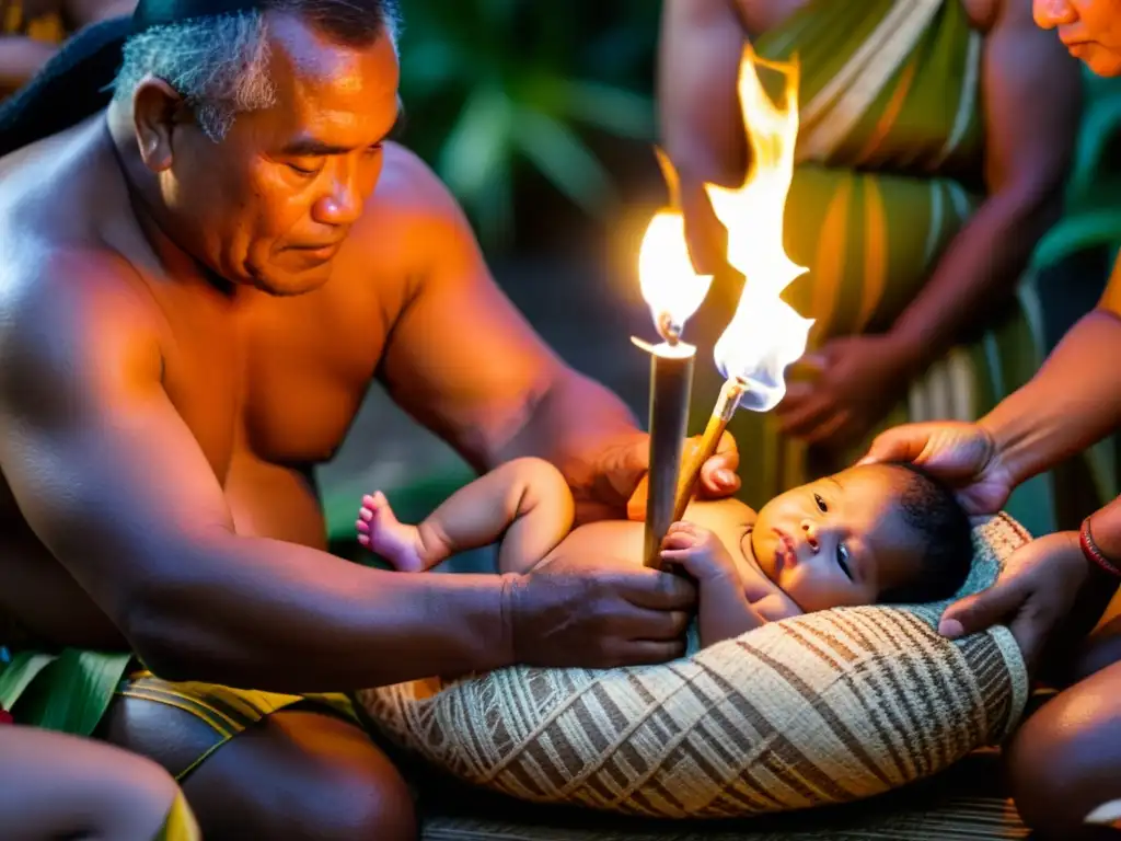 Un anciano samoano realiza un ritual de nacimiento, sosteniendo suavemente a un recién nacido rodeado de familiares y líderes comunitarios