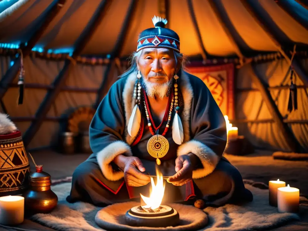 Un anciano chamán siberiano en atuendo tradicional realizando un ritual de curación en una yurta iluminada por velas, con símbolos y plumas