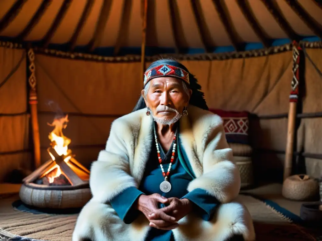 Un anciano chamán siberiano realiza un ritual de curación en un yurta iluminada, creando una escena hipnótica de shamanismo siberiano