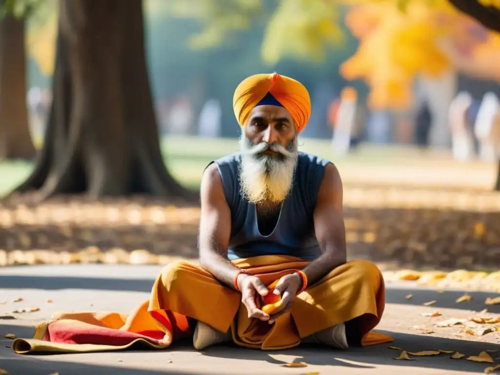 Un anciano sij se envuelve cuidadosamente un vibrante turbante naranja y dorado, mostrando el significado cultural del turbante