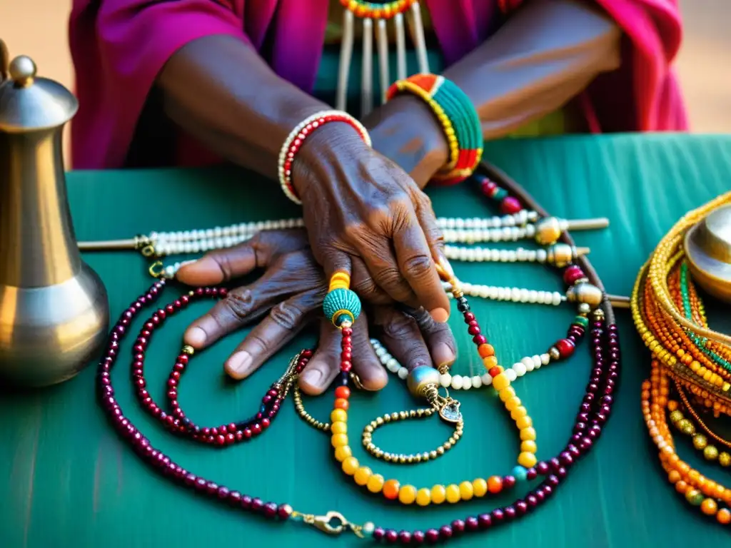 Un anciano tribal teje un collar de protección con cuidadosas manos, enriqueciendo la tradición ancestral de los collares protectores