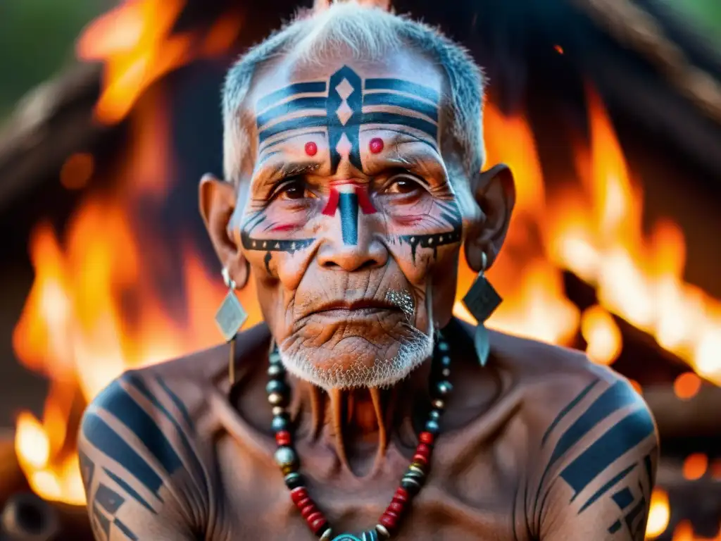 Un anciano tribal con tatuajes faciales detallados, en un ritual tradicional junto al fuego