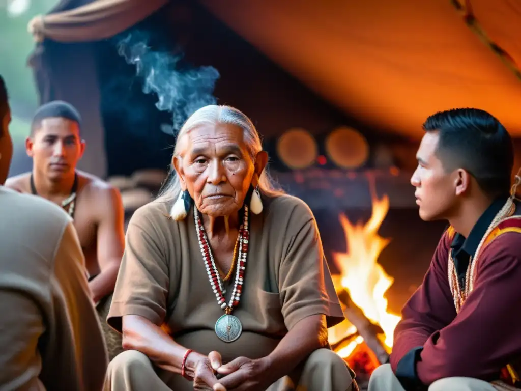 Un anciano de una tribu nativa comparte sabiduría ancestral con jóvenes alrededor de una fogata en un ritual de iniciación masculina, lleno de significado y solemnidad en la cultura nativa americana