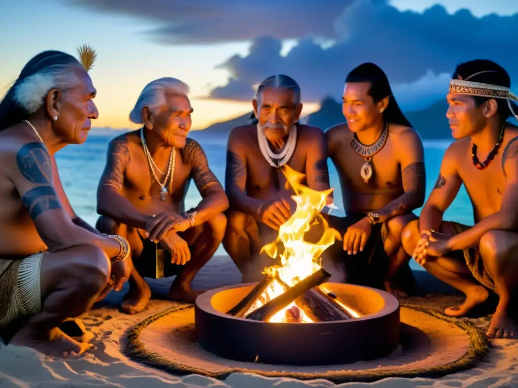 Ancianos polinesios realizan un ritual sagrado alrededor del fuego, con tabúes en rituales polinesios