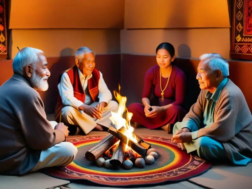 Varios ancianos comparten rituales familiares alrededor del fuego, preservando tradiciones en el hogar