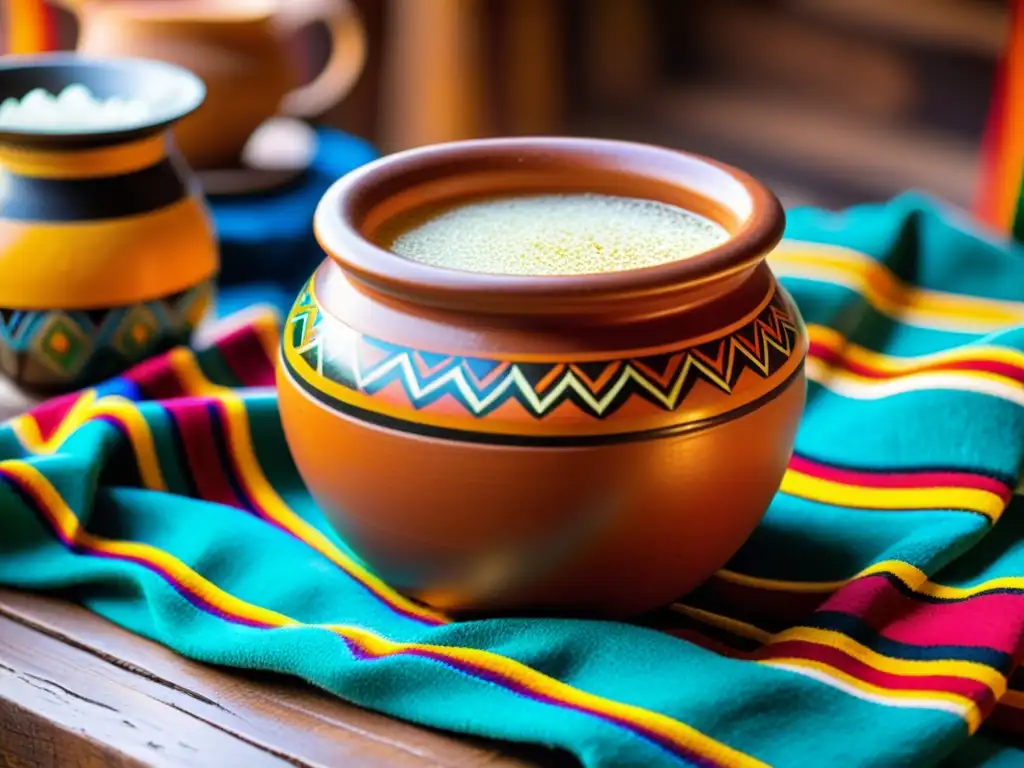 Elaboración Chicha Andina Festividades Incaicas: Detalle de olla de barro peruana con chicha y textiles andinos coloridos