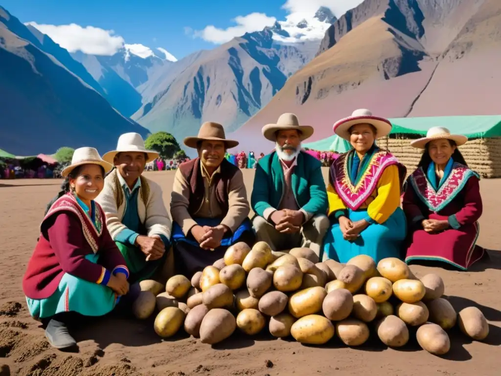 Andinos en mercado colorido exhiben variedades de papas, conectando con la tierra y su cultura en el Día de la Papa en los Andes