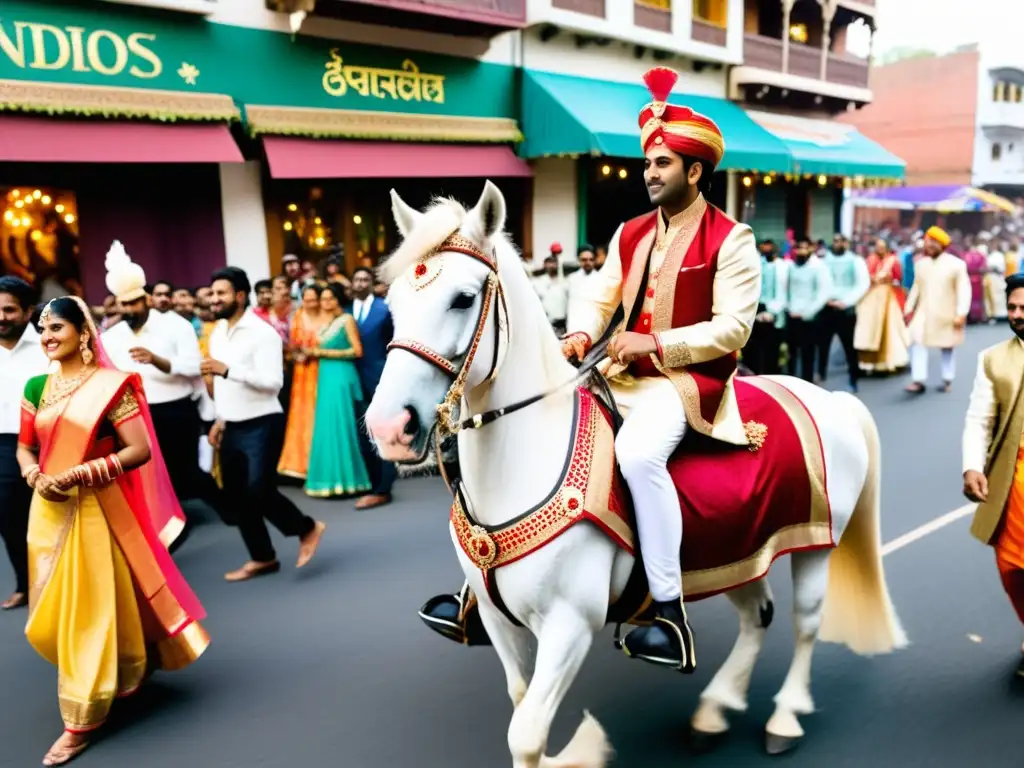 Una animada procesión de boda india con el novio en un caballo blanco decorado, rodeado de músicos tradicionales