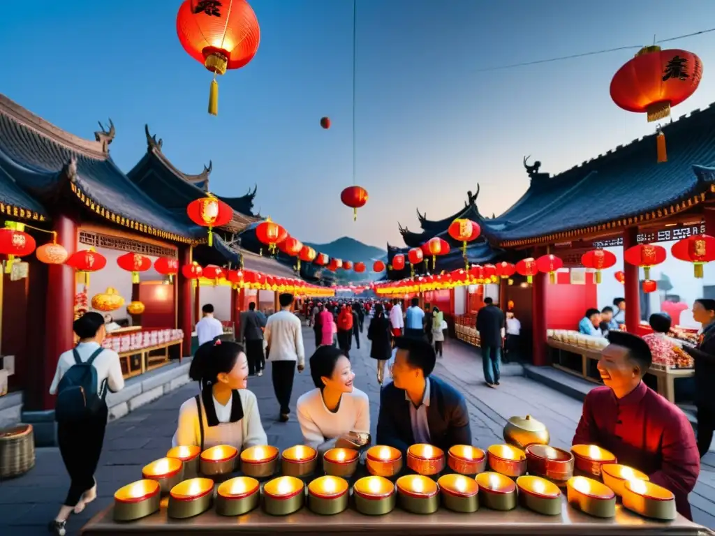 Animada calle en China con Farolillos Rojos durante el Festival de la Luna, donde las familias honran el Significado del Festival de la Luna en China