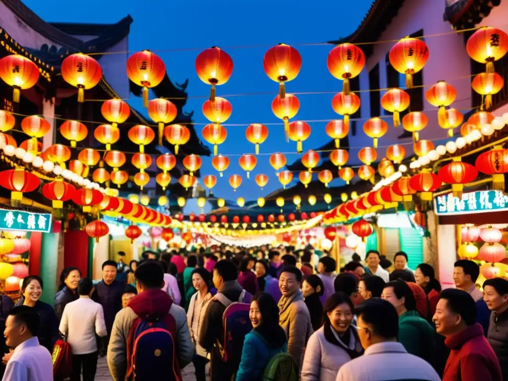 Una animada calle en China durante la Fiesta de las Linternas, con coloridas decoraciones y gente disfrutando del ambiente festivo