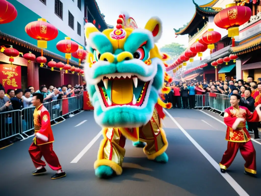 Animada ceremonia de Año Nuevo chino con danza del dragón y león, cautivando a la multitud con su energía exótica